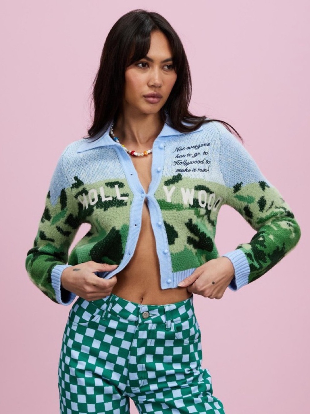 House of Sunny Pale Blue and Green 'Hollywood' Knit Cropped Cardigan